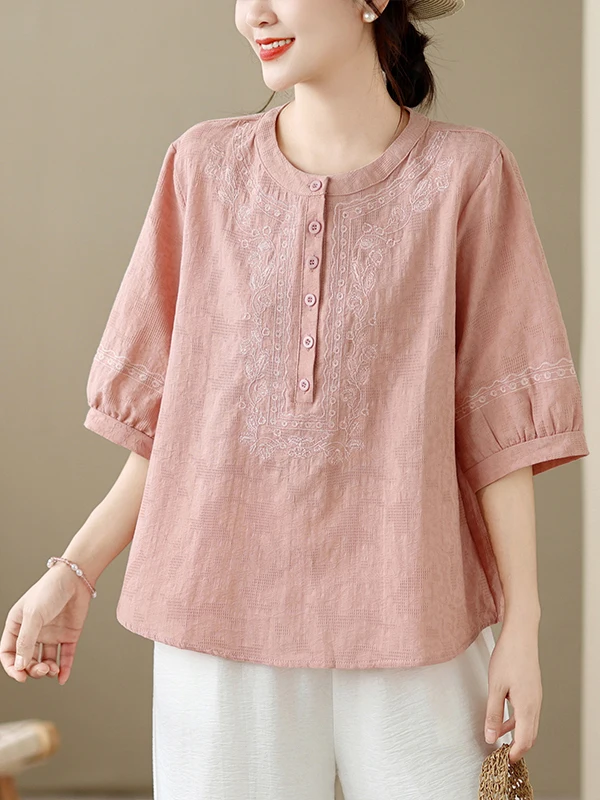 

Summer Cotton Linen Loose Embroidered Shirt Women's Fashion Set Thin Sleeve Casual Style round Neck Short Sleeve Shirt