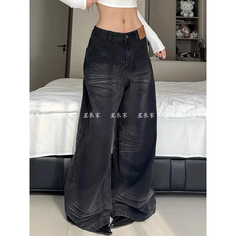 ZHIZOU Baggy Jeans voor dames Zwart Abi Y2k Denim Broek Academia Harajuku Cowboy Wide Fit Jaren 2000 High Street Tide Grunge Cyber Punk
