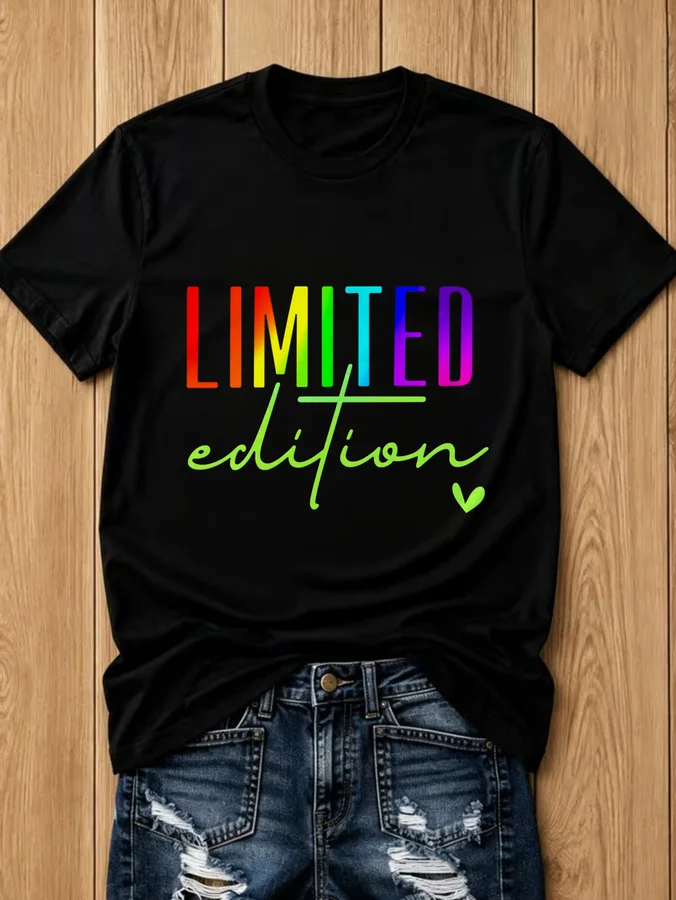 Women's Limited Edition Rainbow Lettering Graphic T Shirt Colorful Text Short Sleeve Round Neck Casual Four Season Basic Trendy Printed Tee Tops