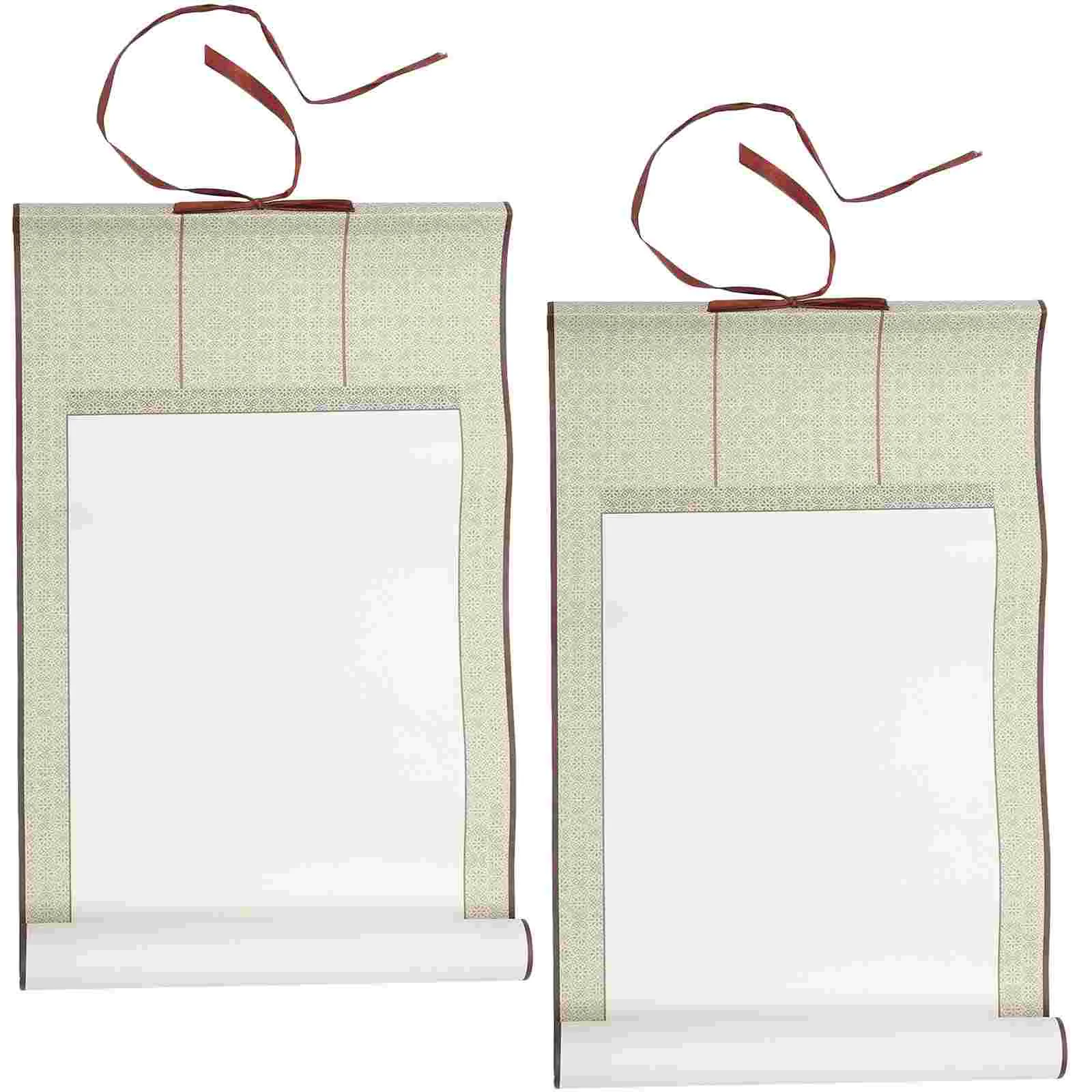 2Pcs Blank Scroll Calligraphy Painting Framed Mini Hanging Rice Paper Shui Scrolls Practicing Chinese Drawing Watercolor