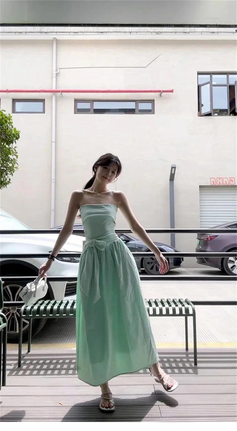 2025년 여름 아동용 그린 원숄더 스트랩리스 드레스, 여성 허리 조절 롱 스커트 포함 비치 휴가룩