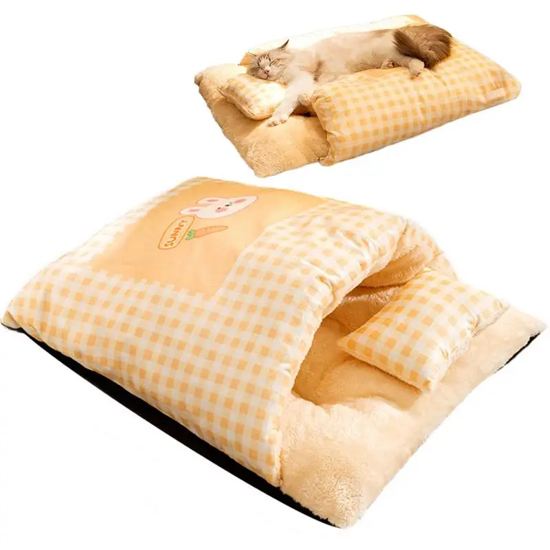 Cat Sleeping Bag Semi-Enclosed Puppy Kitten Warm Comfortable Bed With Pillow Plaid Pet Winter Thickened Plush Pocket Type Nest