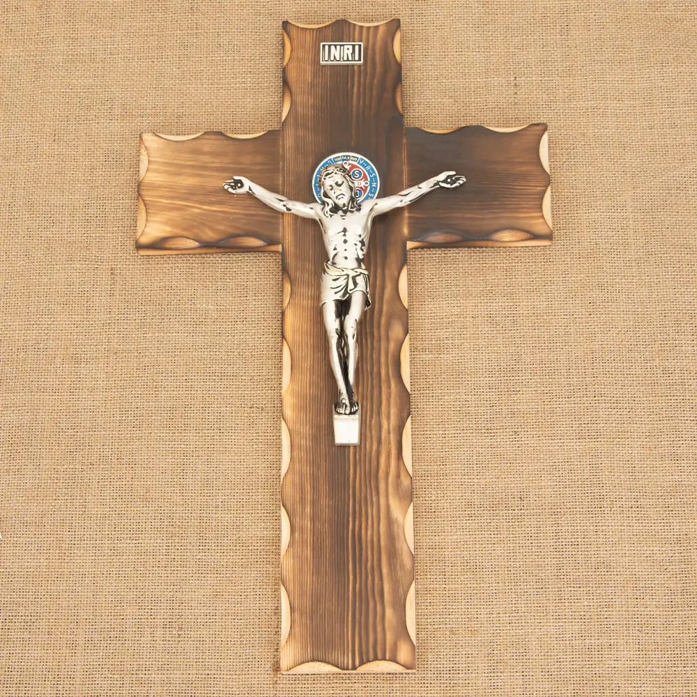 Vintage Holzfigur von Jesus am Kreuz mit Ständer für christliche Heimdekoration, katholisches Kruzifix, religiöses Geschenk, Kirchenaltar-Ornament – Detail 2
