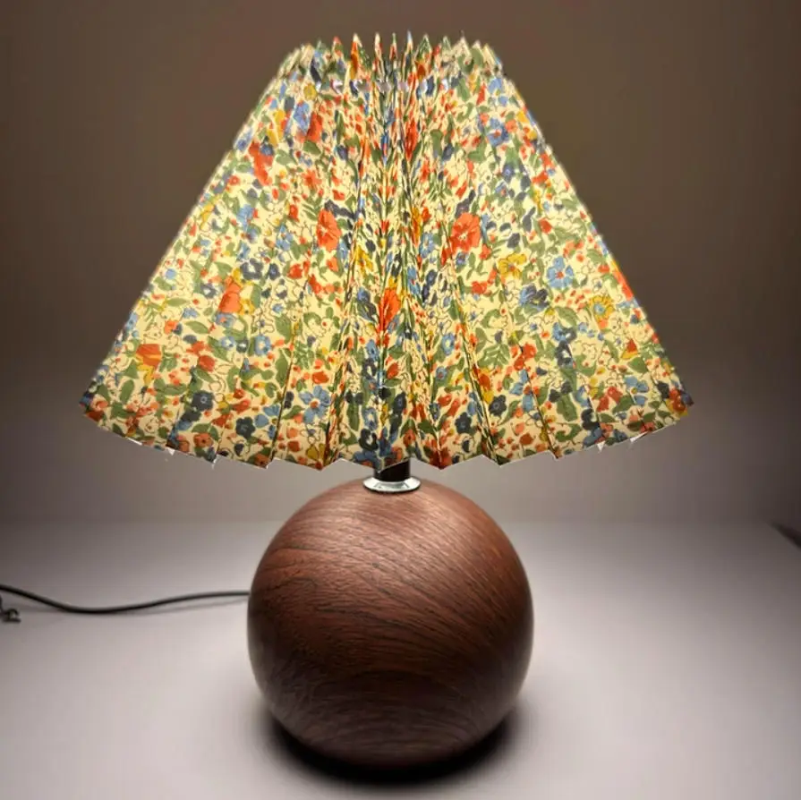 LED Bedside Table Lamp Cute Small Pleated Lamps for Nightstand Circular Walnut Ambient Light USB Bedroom Decoration Night Light