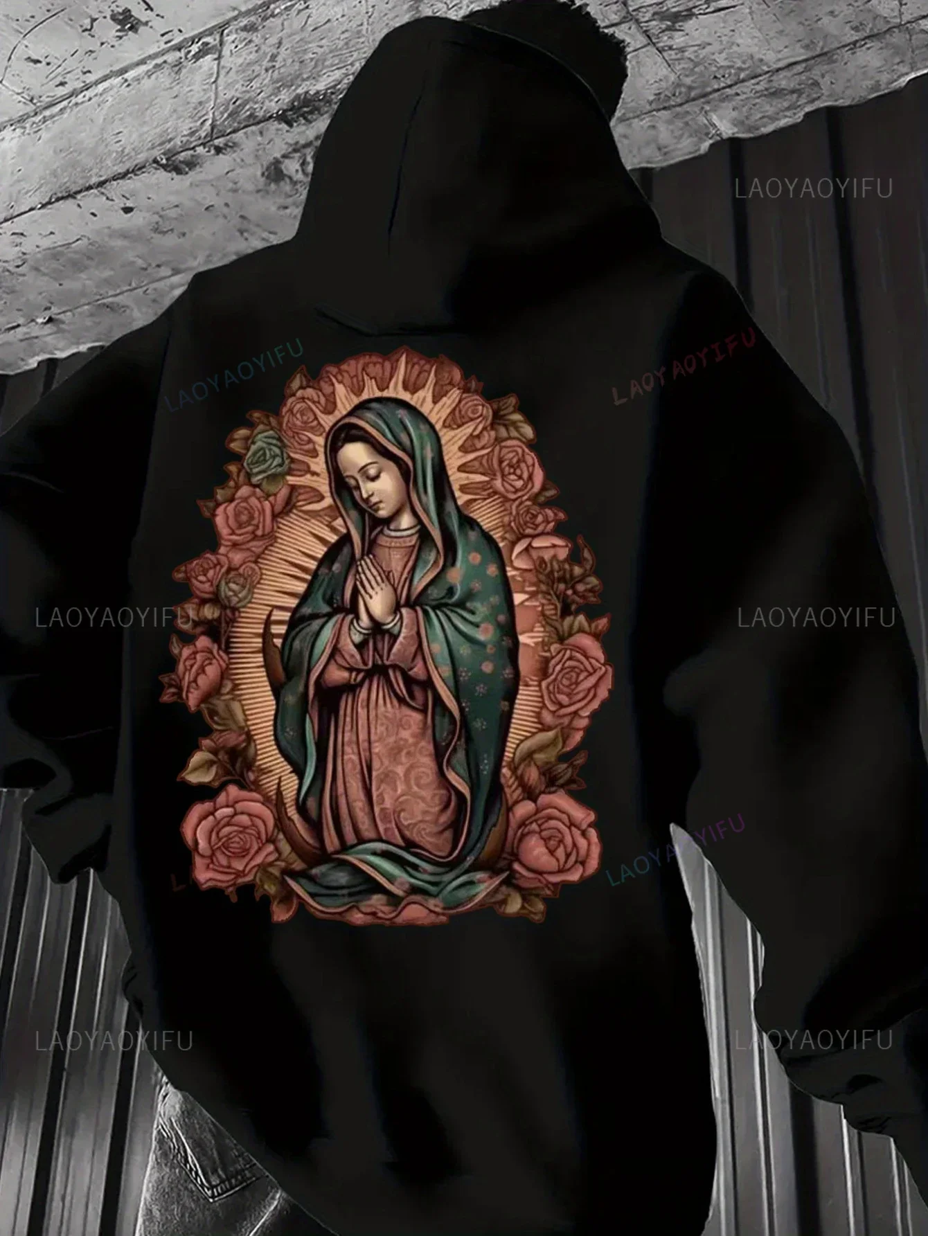 Men's Casual Hoodie with Virgin Mary Print Kangaroo Pocket Long Sleeve Pullover for Fall/Winter Autumn and Winter Keep Warm