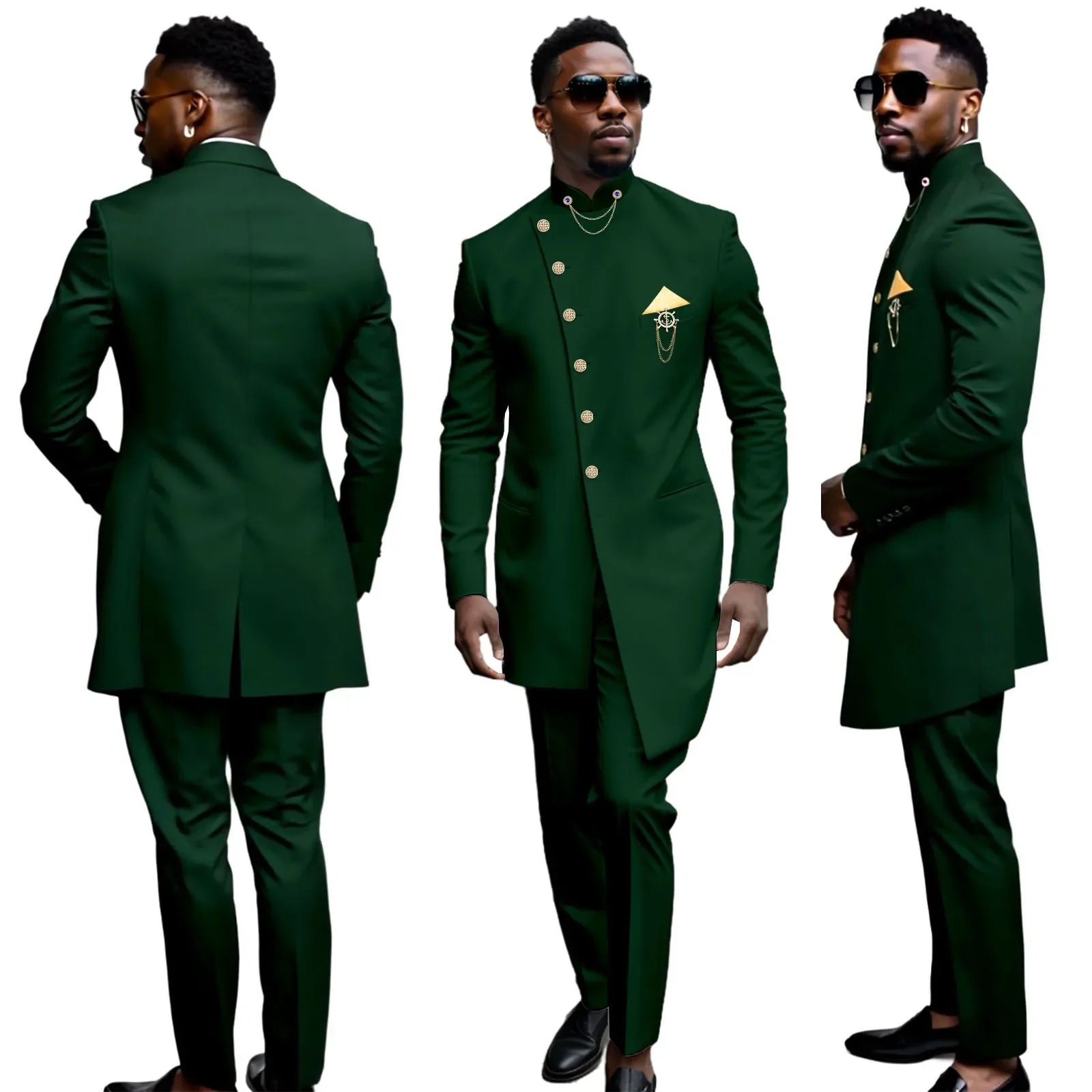 

African Design Slim Fit 2 Piece Dark Green Men Suits For Wedding Groom Tuxedos Formal Suits for Prom Party Best Man Blazer Pants