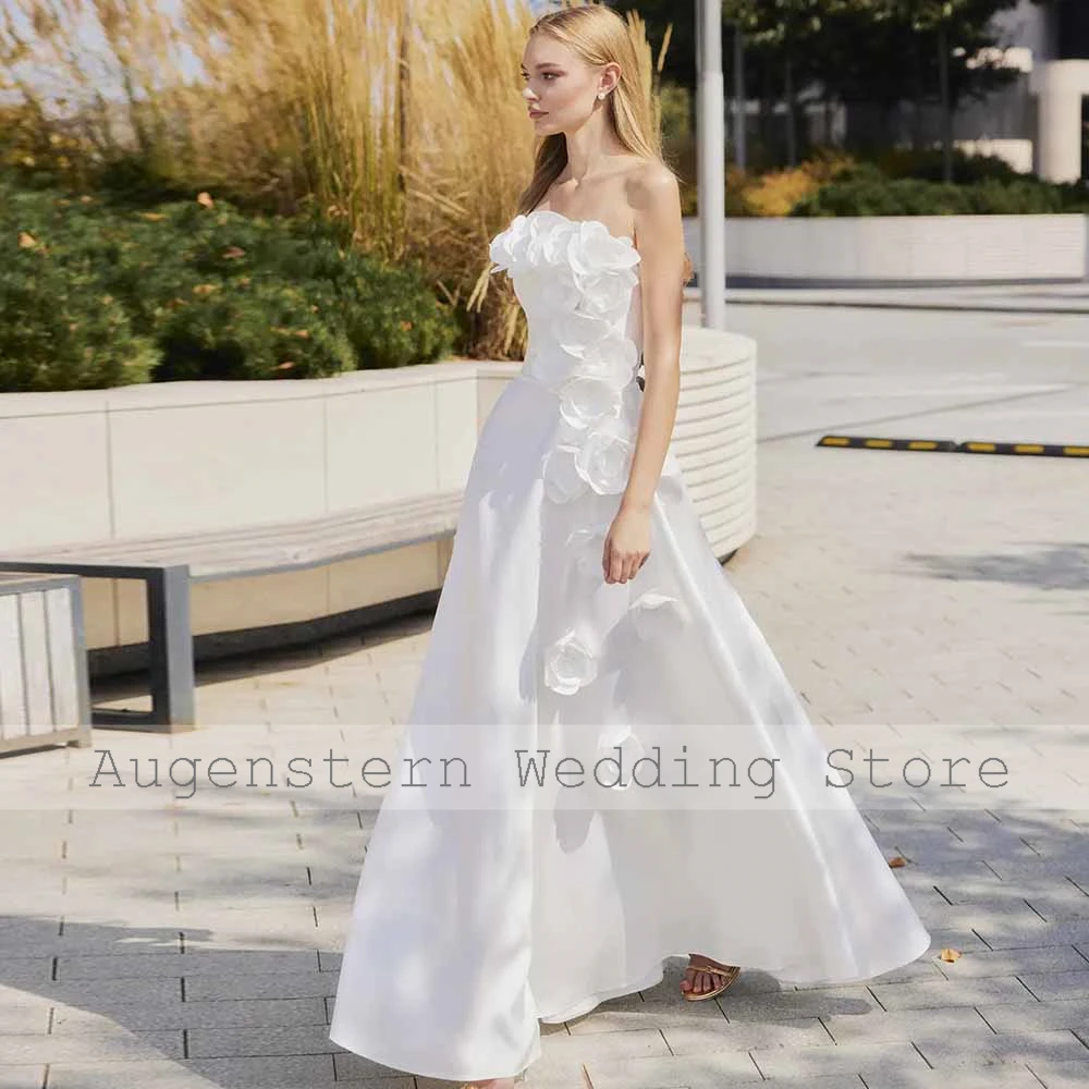 Moderne Hochzeits-Partykleider, Kreppstoff, A-Linie, Halle-Hochzeitskleid, weiß, trägerlos, 3D-Blumen, gerüscht, Hochzeitsgastkleid, Maxi