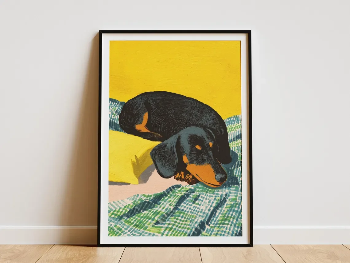 Art mural en linogravure représentant un Teckel endormi serein - Impression intemporelle célébrant le repos des félins (chiens). Le fond jaune vif et le bol