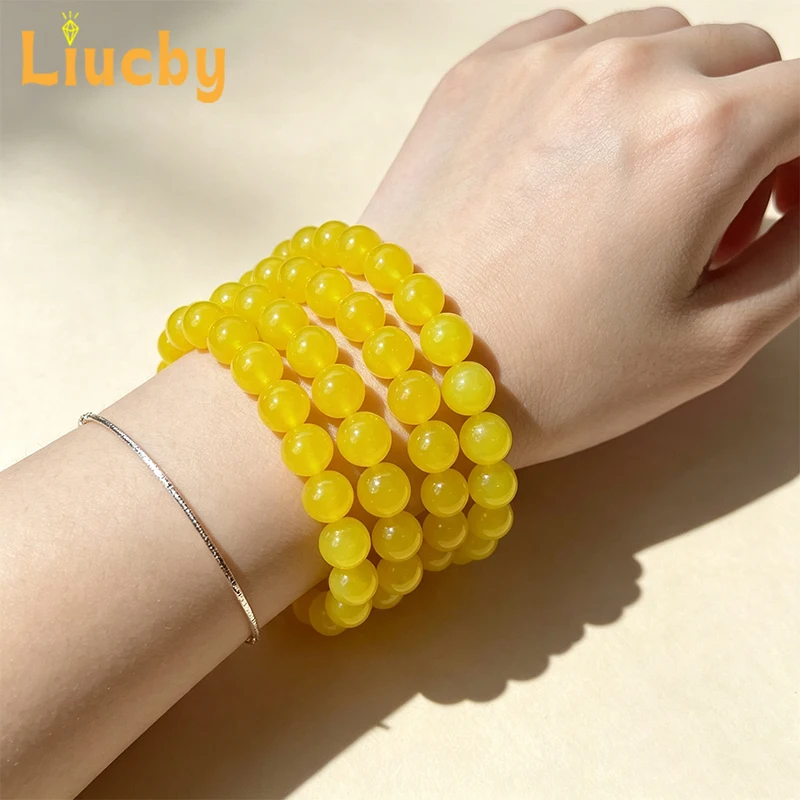 Natural Yellow Agate Smooth Round Beads Spacer Stones for DIY Bracelet Necklace Earring Handmade Jewelry Making Supplies 4‑12mm