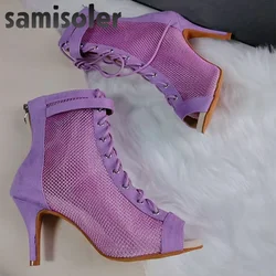 Samisler zapatos de baile latino para mujer, tacones altos, zapatos de baile social, botas con cordones de malla morada, zapatos de boda para mujer