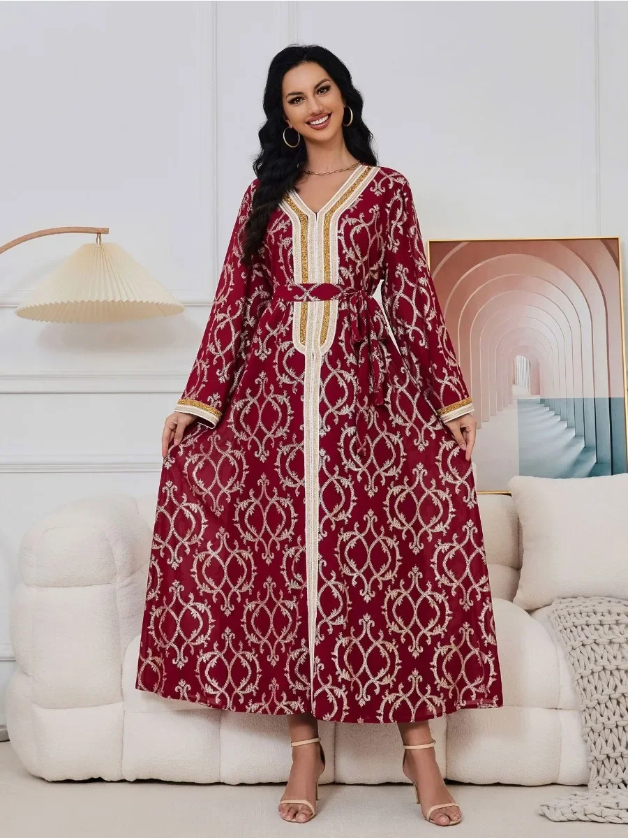 

Eid Arab Muslim Dress for Women Party Abaya Jalabiya Lace-up Long Dresses Kaftan Dubai Ramadan Gown Robe Vestido Largo Mujer