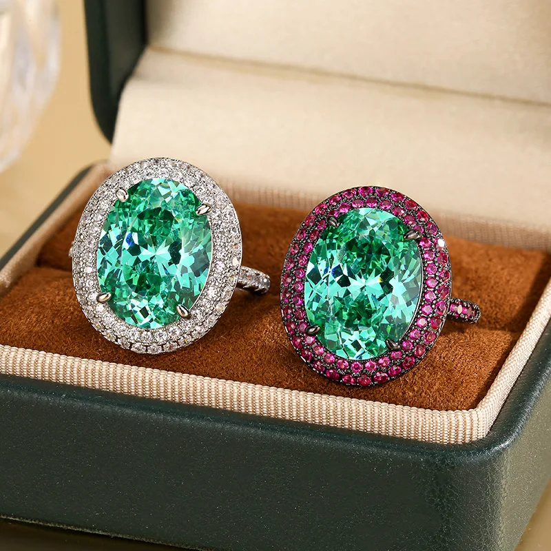 

Adjustable Oval Cut Emerald Green Gemstone Ring Sparkling CZ Halo Silver Black Plated Elegant Statement Party Jewelry for Women