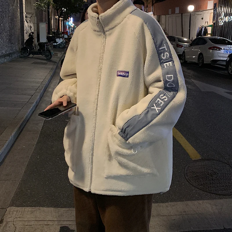 

Lamb Fur Cotton Jaet Men's Autumn Winter Thi Warm Outerwear Casual Loose Fit Street Sle Patchwork Stand Collar Coat