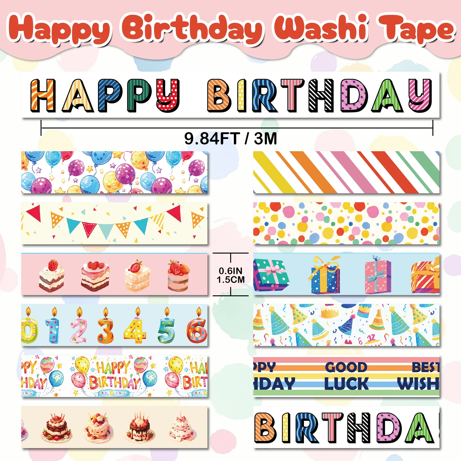 Feliz Aniversário Washi Tape Set, fita adesiva para Journaling, colorido, decorativo, bolo, velas, balões, 12 rolos