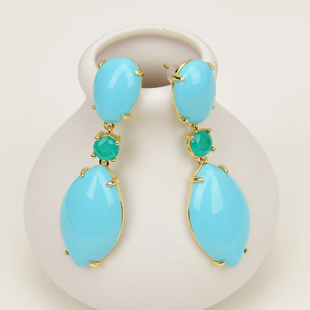 GG Blue Turquoise Green Jade Gold Plated Stud Drop Earrings Handmade Gifts For Lady Party Jewelry
