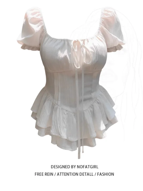 

Sweet Style Bubble Sleeve Square Collar White Top Women's Summer New Waist Cinching Slimming Blouse Korean Style Commute Shirt