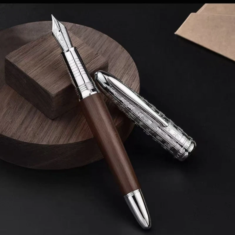 Hongdian 6016 Sliver Oracle Cap Fountain Pen Retro Natural Wood Beautiful EF/F Nib Brown Wooden Office Business Writing Gift Pen