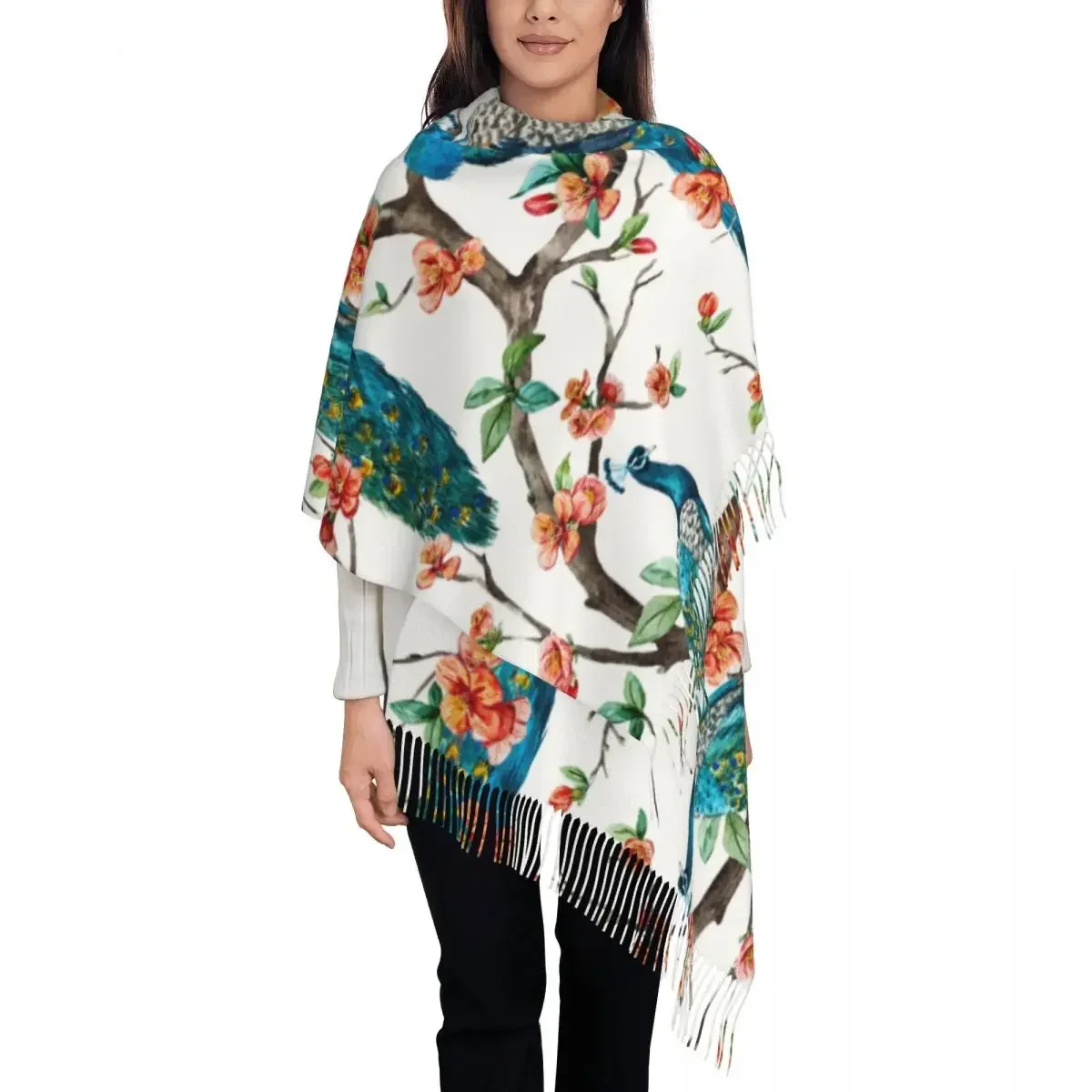 

Watercolor Peacock On Cherry Tree Women's Tassel Shawl Scarf Fashion
