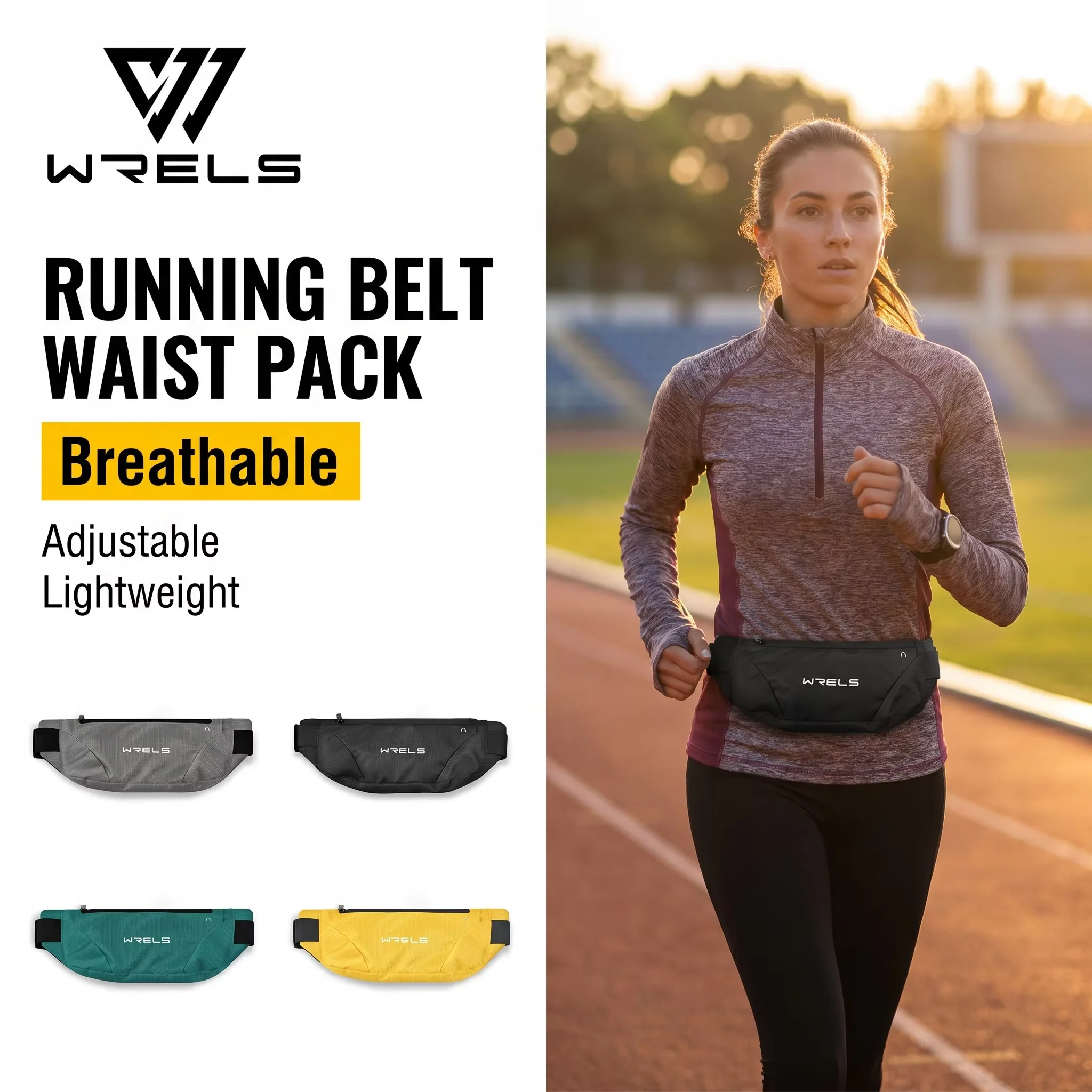 WRELS Fanny Pack Breathable Running Belt Waist Pack Zipper Headphone Key Hook Adjustable Lightweight Running Pack Waist Bag
