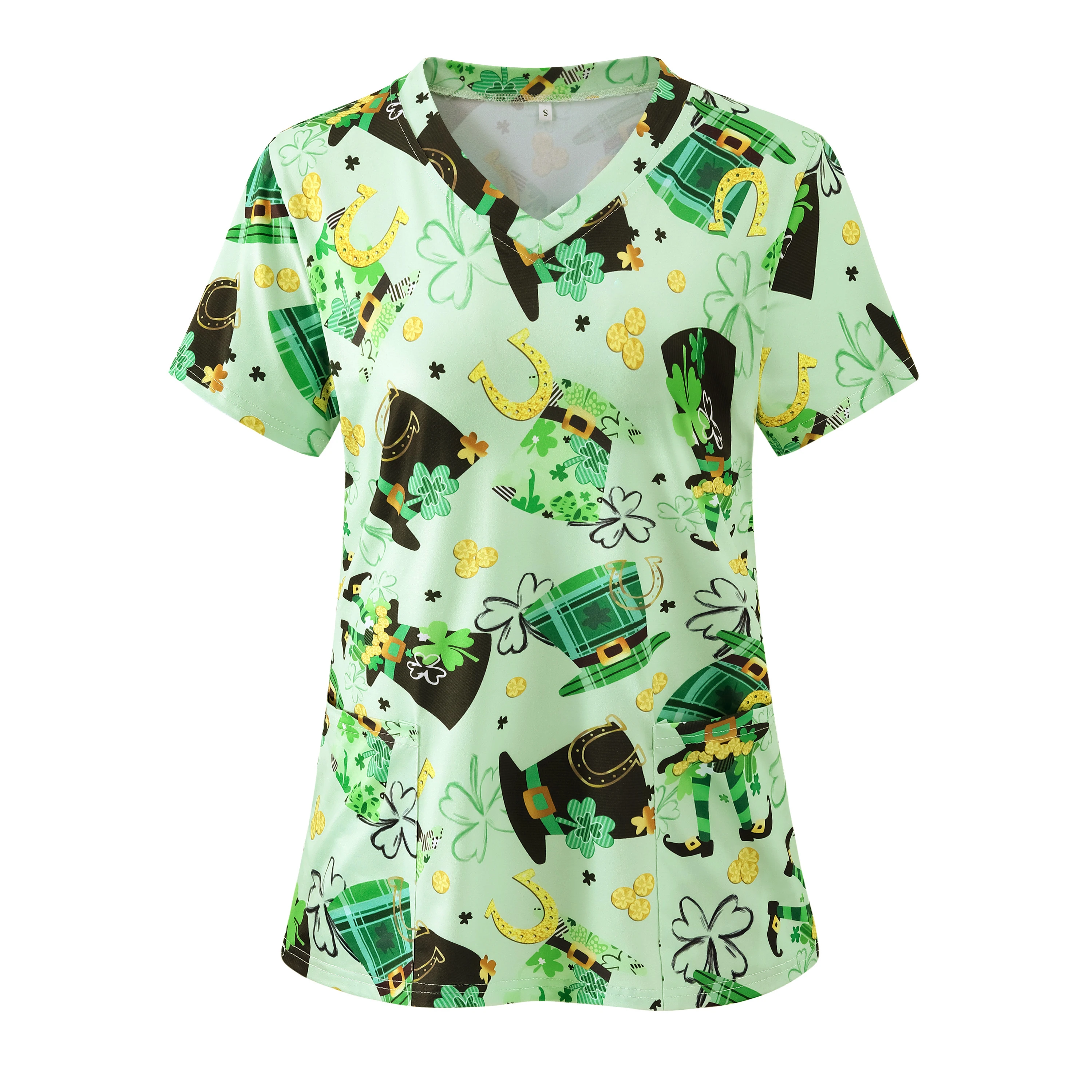 St. Patrick Day Women Uniform Gold/Green hat/Lucky Grass/Spirit Printed Women Work Wear Pocket Front Short Sleeve V Neck Clothes