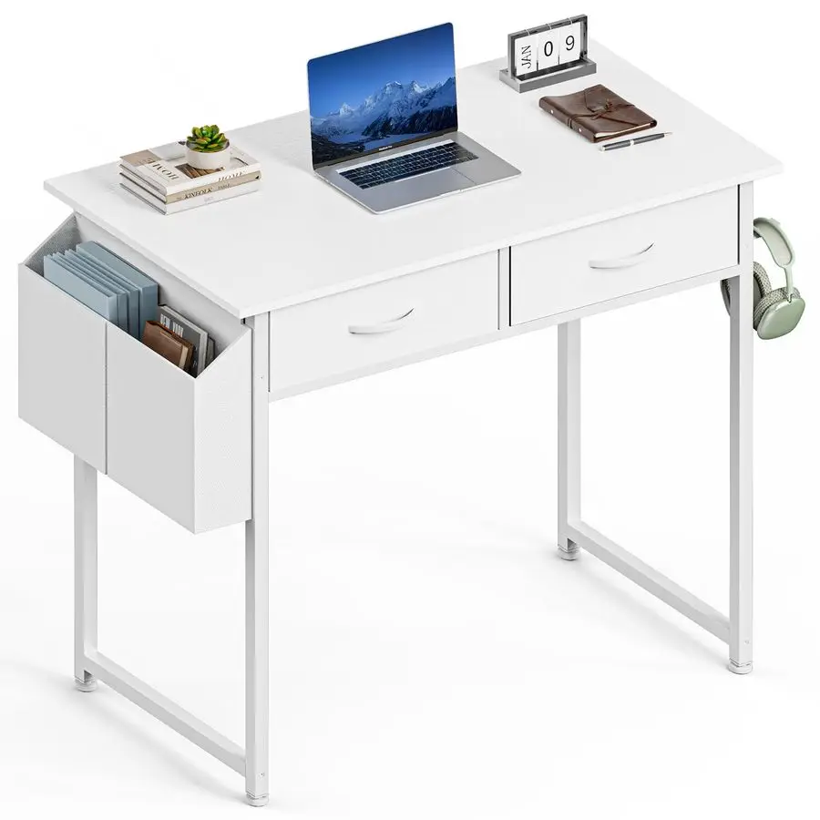 

Computer Desk Small 32 Inch Home Office Bedroom Writing Study PC Table with Fabric Storage Drawers Space Side Bag Headphone Hoo