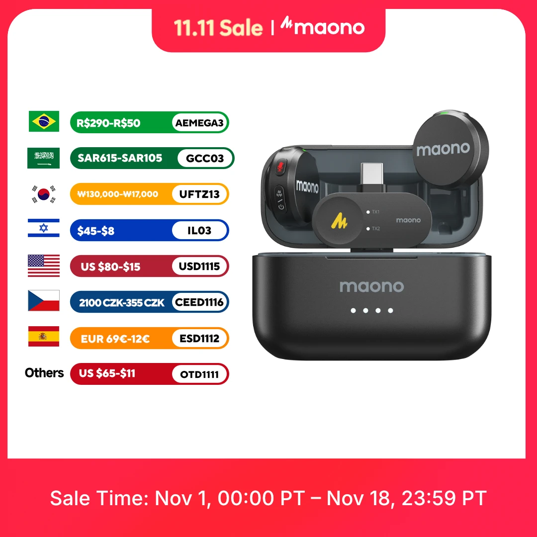 Microfone Lavalier Sem Fio MAONO Wave T5, Mini Microfone com Cancelamento de Ruído para Gravação de Vídeo e Streaming, Compatível com Telefones e Câmeras