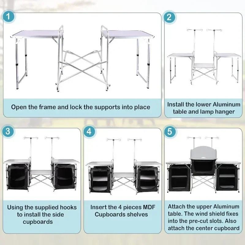 Seetek meja dapur Kemah 3 lemari, meja penyimpanan aluminium portabel luar ruangan, Meja Kemah lipat dengan layar angin