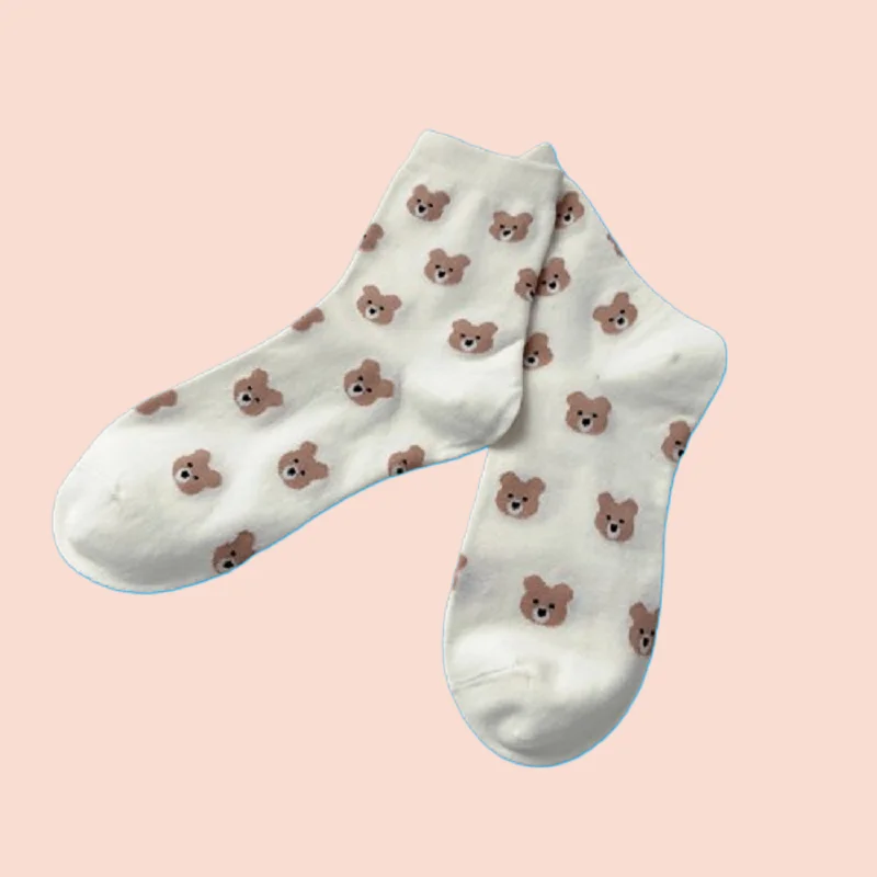 4/8 Pairs 2024 New Brown Bear Socks Women's Middle Socks Japanese Cute Red Bear Women's Autumn and Winter Fashion Creative Socks