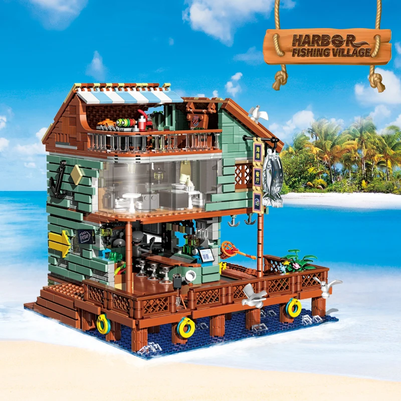 Creative Fishing Village Store House Mini Bricks Building Toys Ideas Fisherman\'s Wharf Restaurant Architect For Adult Kids Gifts