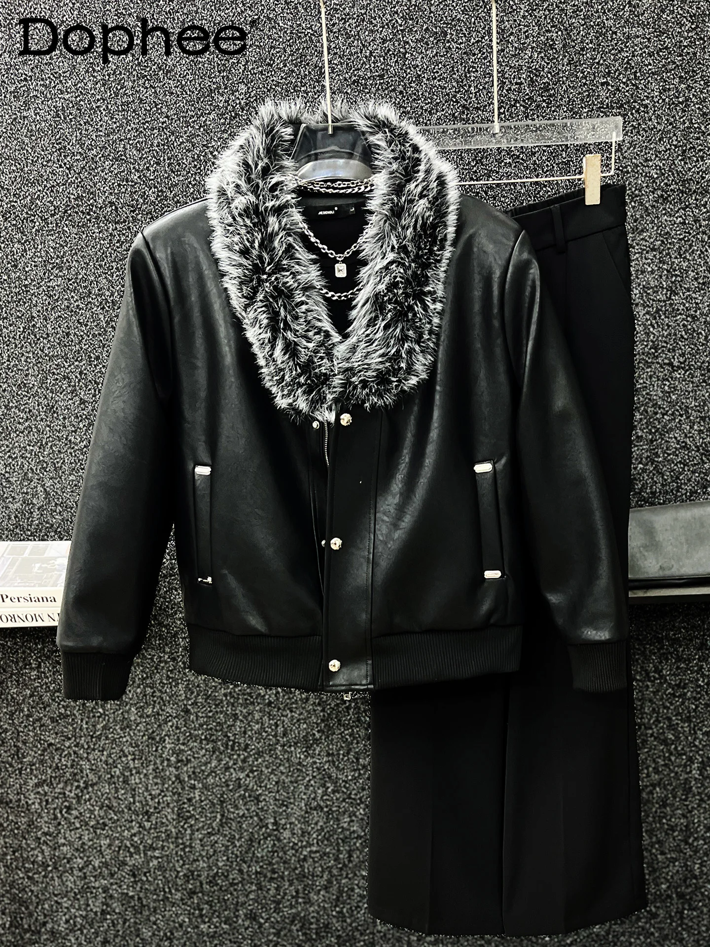 

Men's High-End Fur Collar Leather Jacket Winter Korean Style Loose Casual Warm Thickened Leather Jacket Cotton Coat