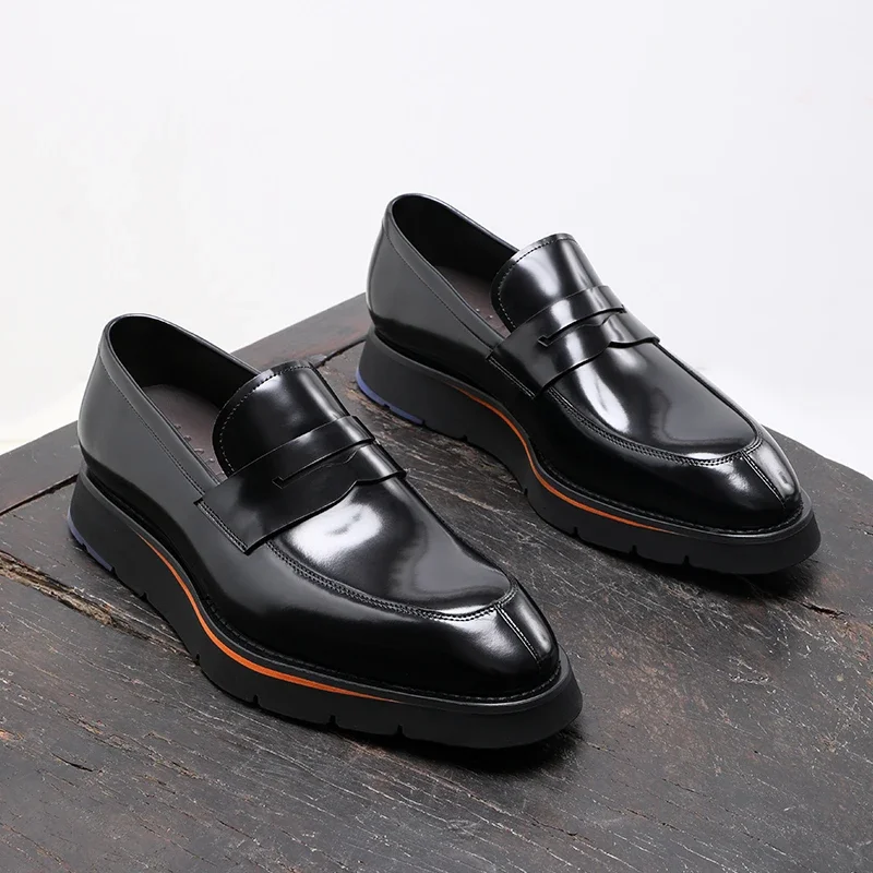 2024 New Business Suit Men Shoes Calfskin, Polished Square Glossy And Thick Soles Casual Loafers.