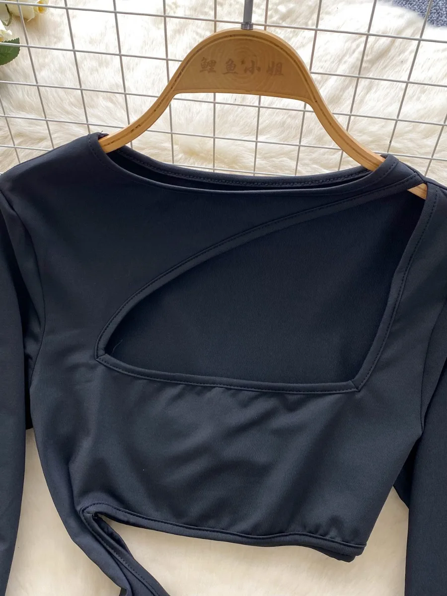 Foamlina Girly แขนยาวผู้หญิงฤดูร้อน Crop Top ไม่สม่ําเสมอ Hem Slim Fit เอว Hollow Out Bodycon Mini Dress