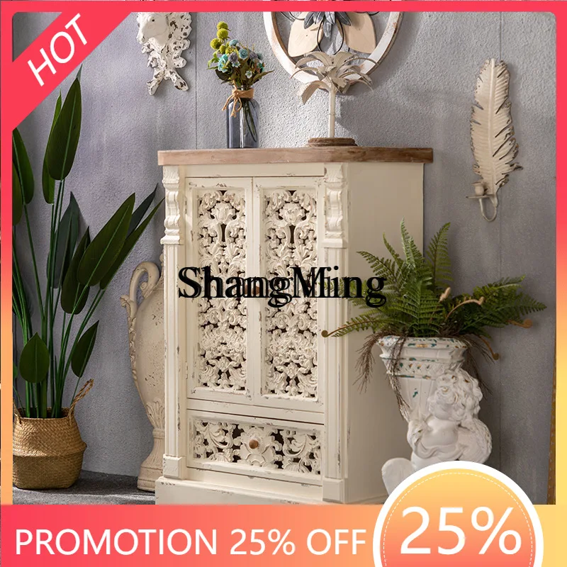 

FG good-looking retro solid wood bucket cabinet dining room hollow carved locker living room wall multi-functional side cabinet