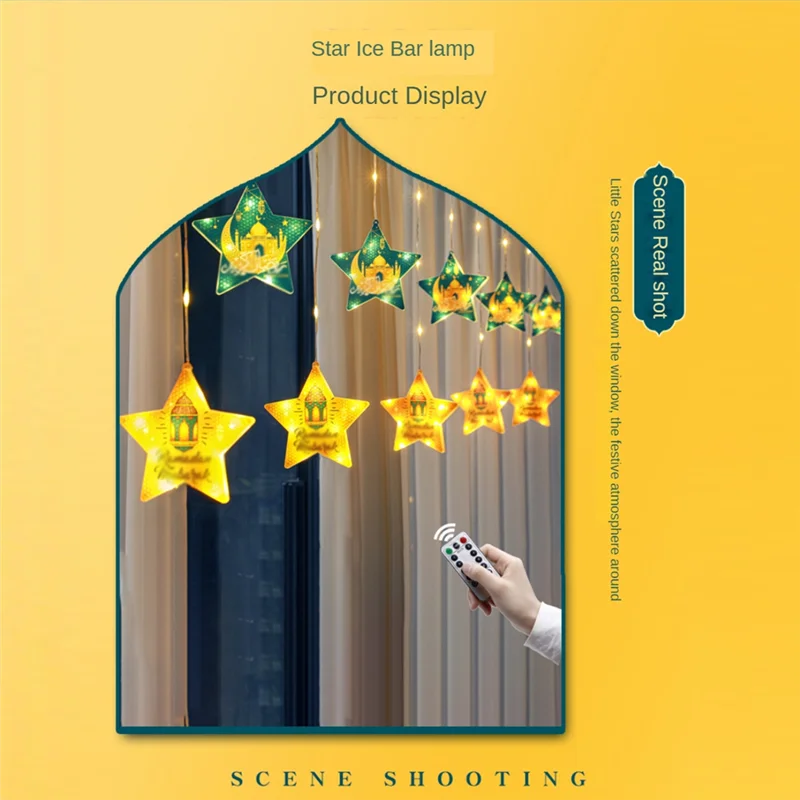 AA87 EID Mubarak Ramadaled Star Moon Colored Lights Strings Indoor Ambiance Decoration Hanukkah Battery Pack Curtain Light, Dura