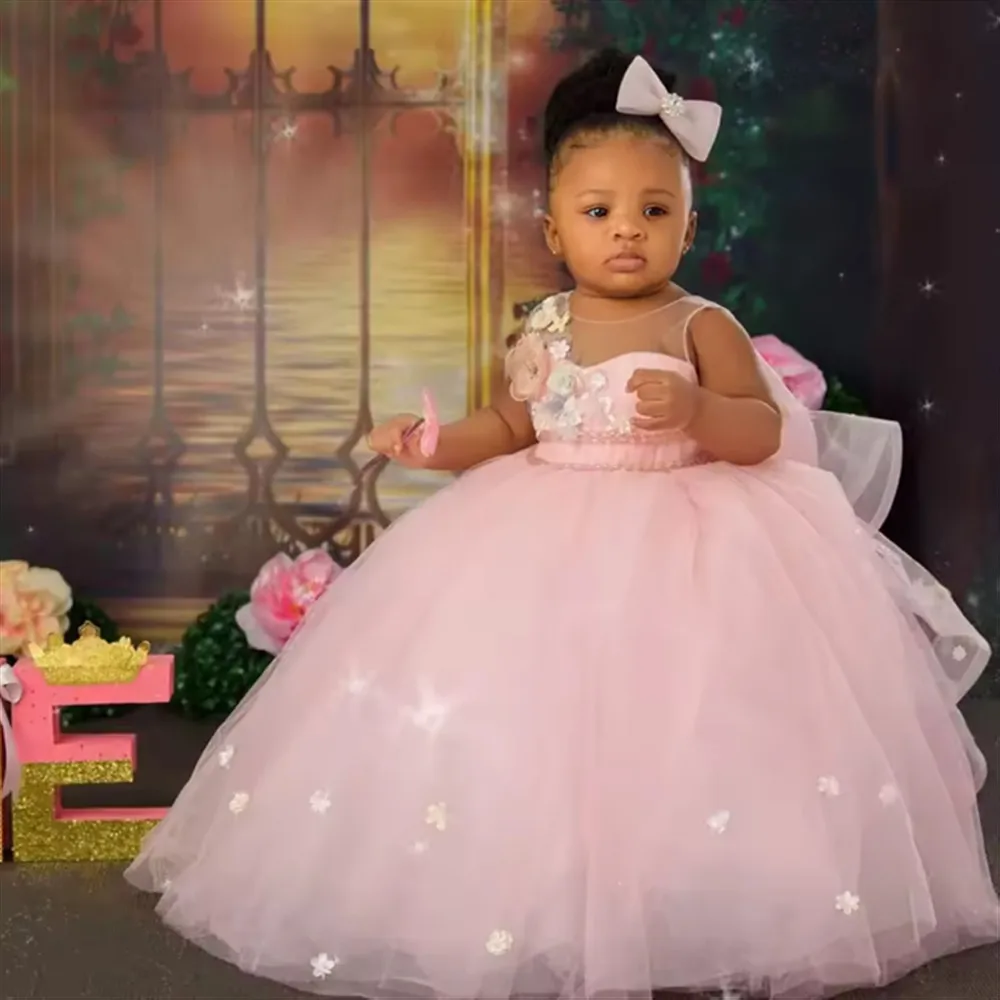 

Pink Flower Girl Dress for Wedding Appliques Floral Sleeveless with Bow Girl Birthday Party Princess Formal First Communion Gown