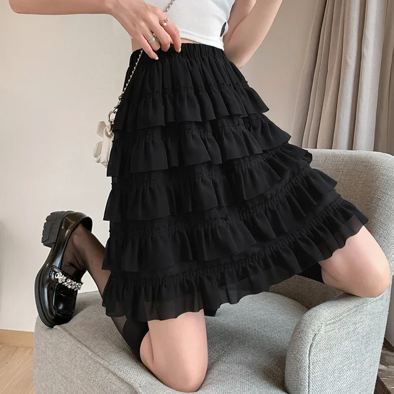 

Summer New Korean Style High Waist Ruffled Pleated Cake Chiffon Splicing Skirt