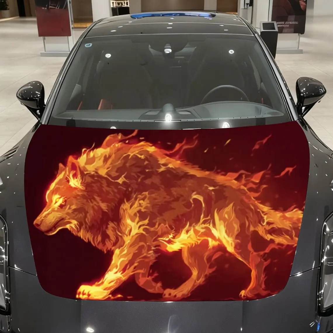 ملصق تغليف غطاء محرك السيارة Blazing Flame Wolf Soul، مادة PVC، طلاء ذاتي اللصق مقاوم للماء، طلاء مضاد للانزلاق، ديكور خارجي للسيارة