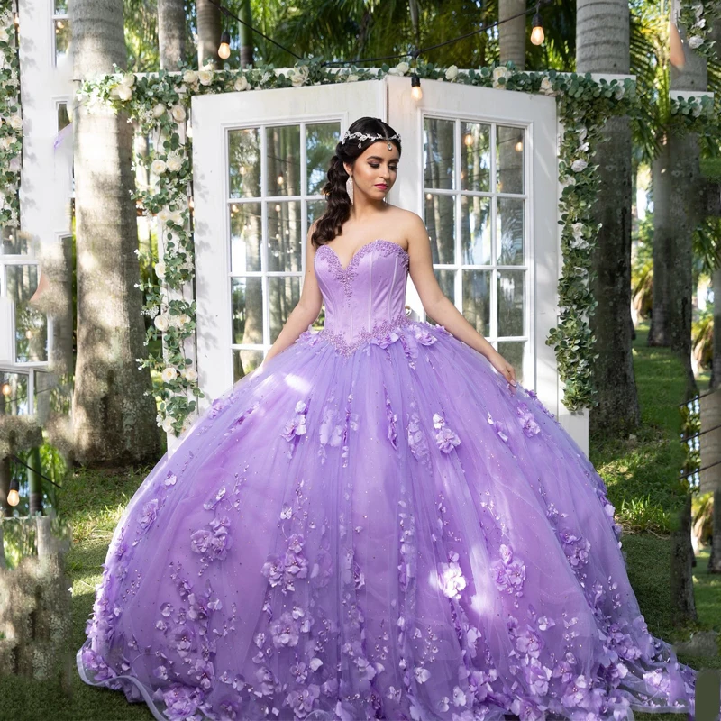 

2024 Lavender Shiny Quinceanera Dress Ball Gown Sleeveless 3D Flowers Beading Corset Vestido De 15 Anos