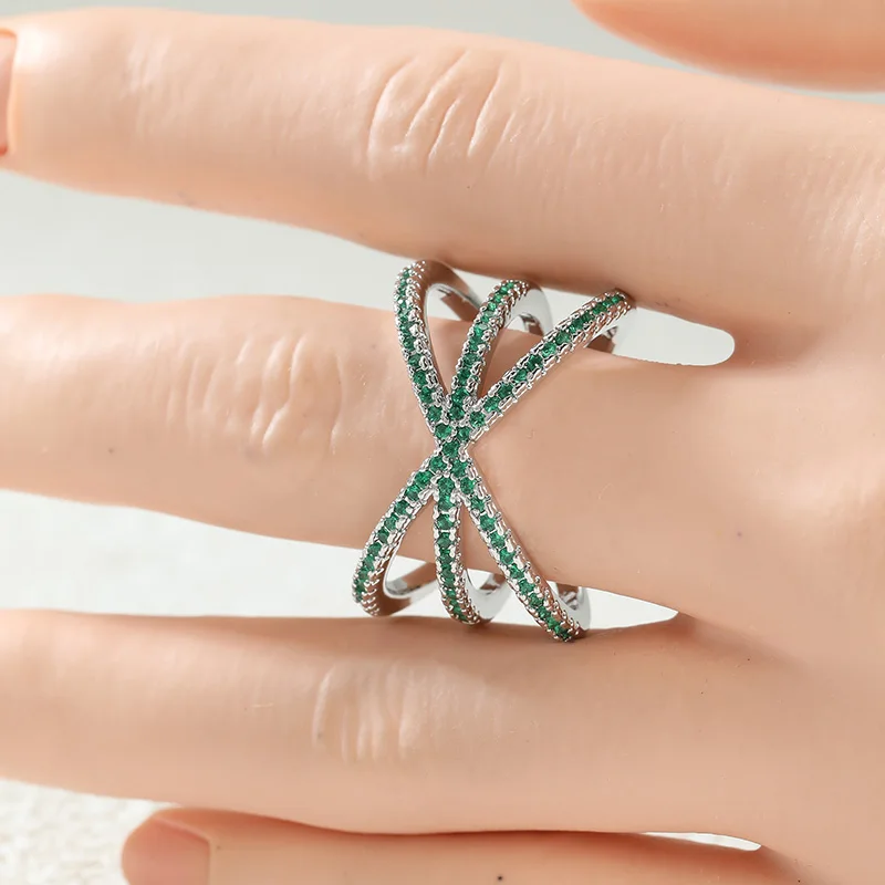 Women's Fashion Shiny Tiny Colored Synthetic Zirconia Two Layer Cross Ring Luxury Personality Banquet Party Niche Design Jewelry