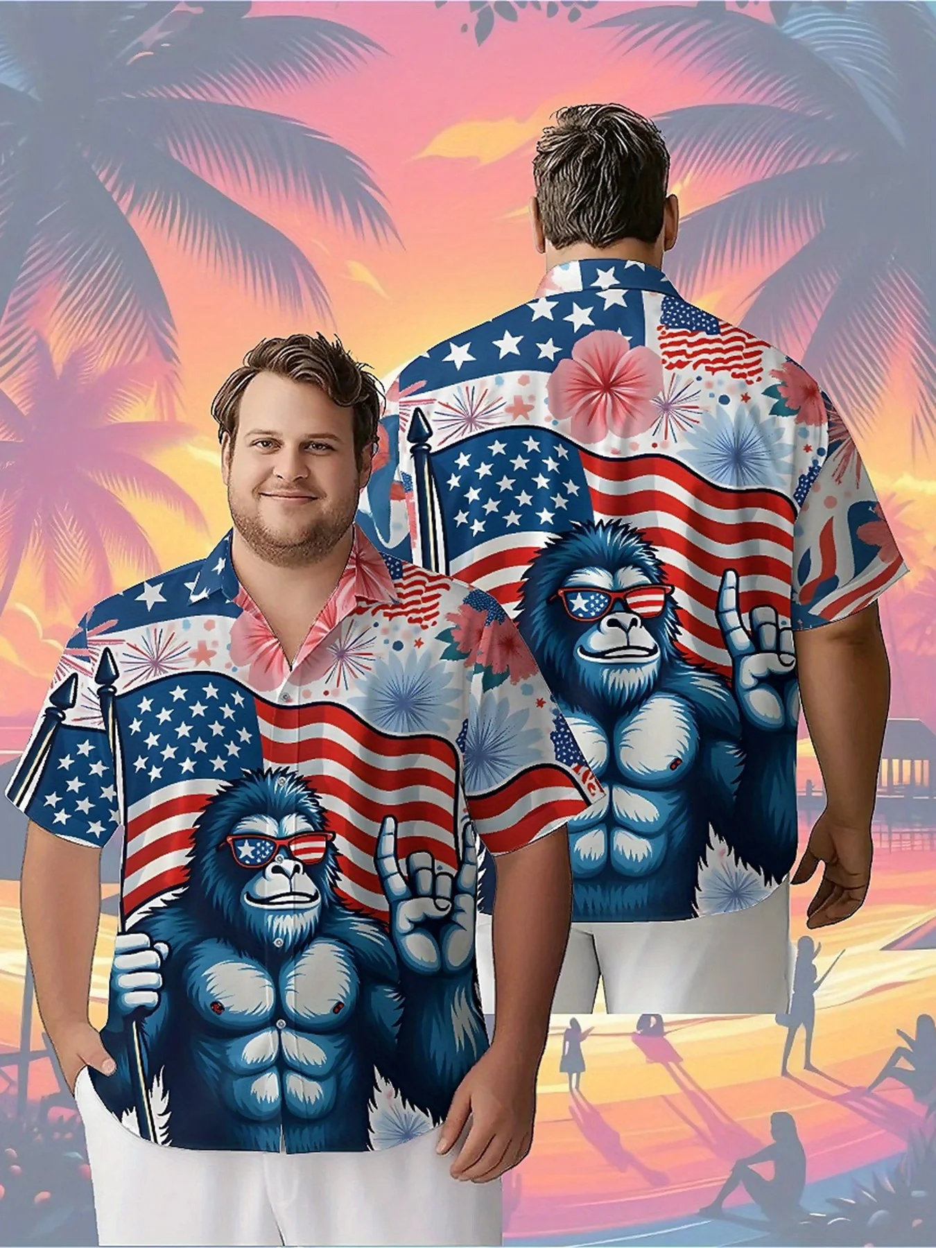 Men's Plus Size Hawaiian Shirts Sasquatch US Independence Day Theme pattern, Button Shirts, Unisex Casual Clothing, Summer Tops