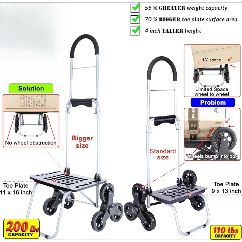 Stair Climber Bigger Trolley Dolly, Black Grocery Shopping Foldable Cart Condo Apartment 44 Inch