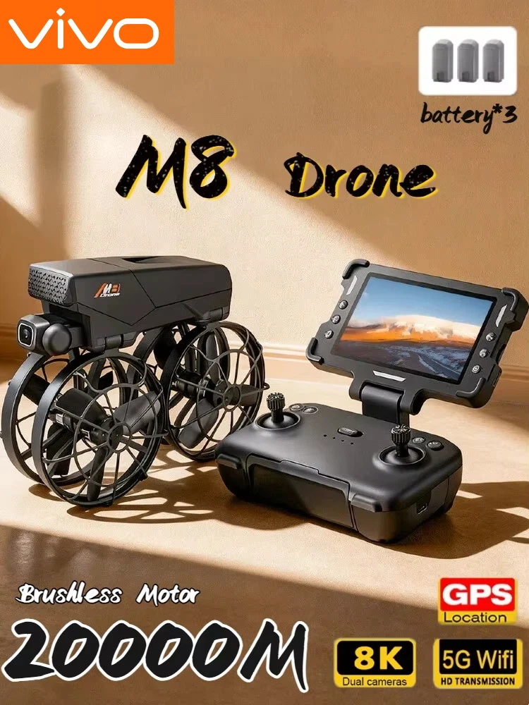 Drone VIVO M8 8K HD avec double caméra professionnelle, 3 batteries, moteur sans balais, 20000M GPS, positionnement RC, drone anti-collision, cadeau
