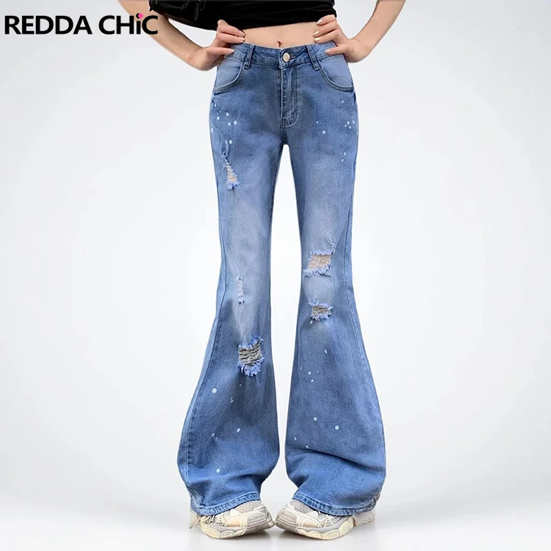 

REDDACHiC Blue Destroyed Flare Jeans Retro Splash Ink Ripped Holes Slim Bootcut Denim Pants Women Bell Bottoms Korean Streetwear