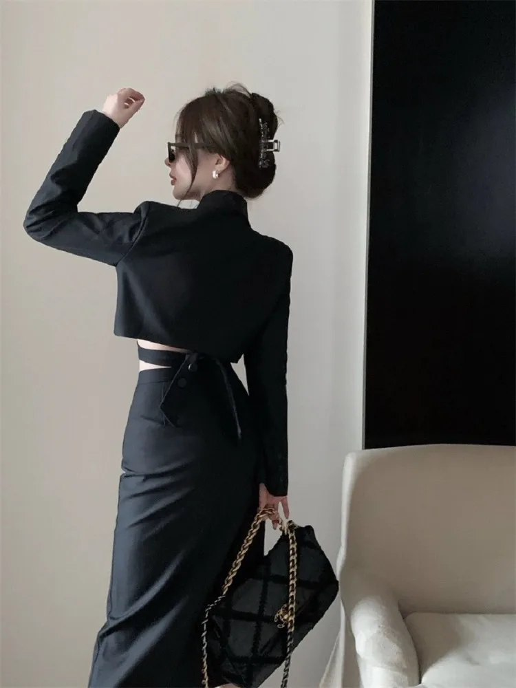 UNXX Spring Irregular Long Sleeve Suit Jacket Skirt Two-piece Set Women Fashion Lapel Temperament Korean Spicy Solid Slim Suit