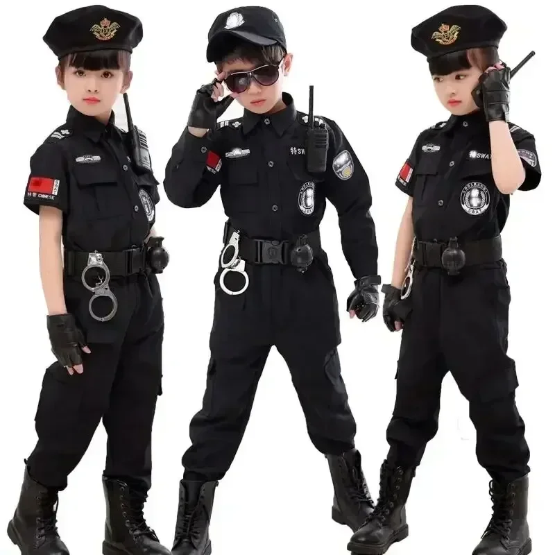 Uniforme de police pour enfants, olympiques de cosplay pour enfants, haut et pantalon de police, chapeau, robe pour garçons et filles, vêtements d'Halloween, cadeau de Noël, nouveau