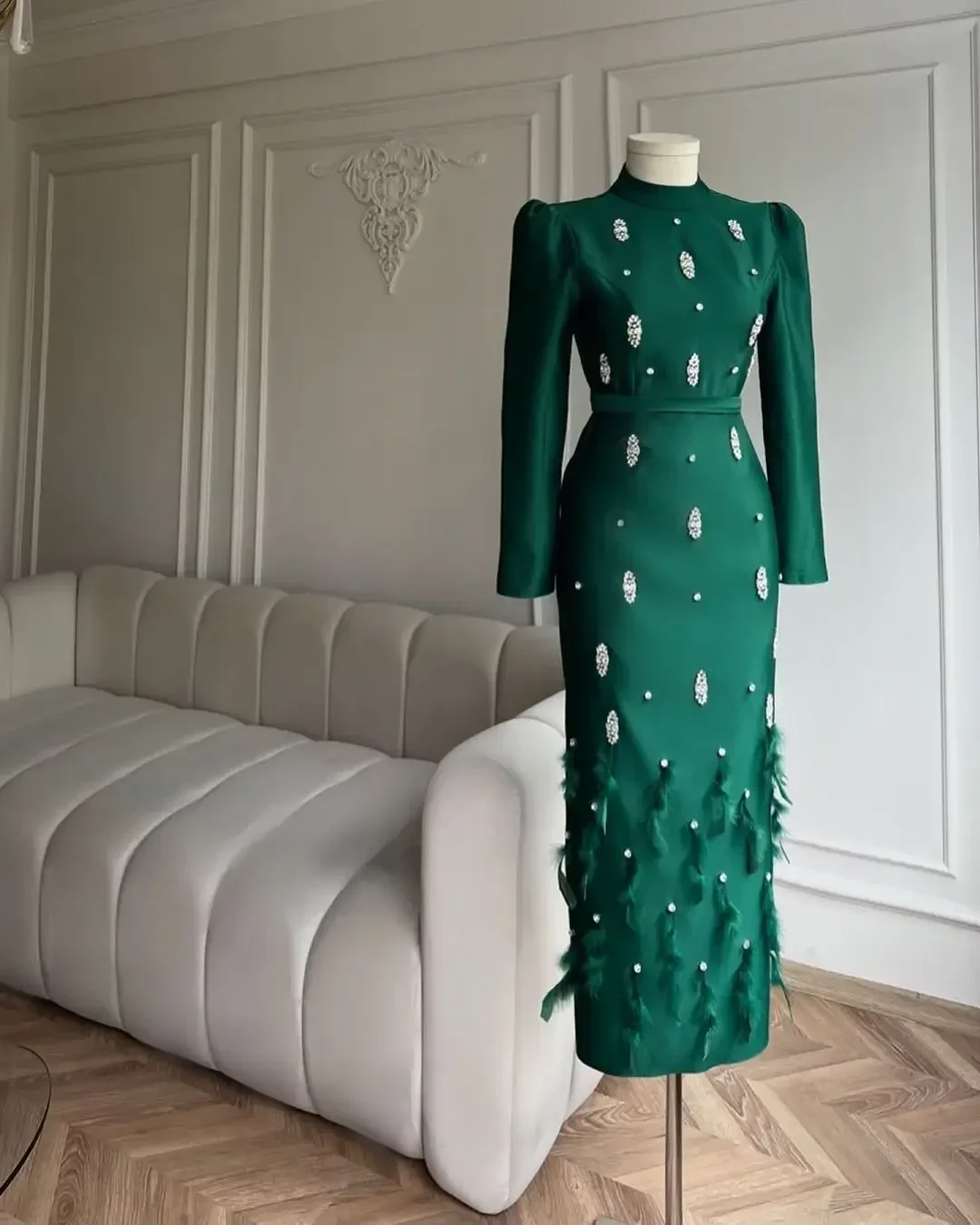 Customized Green Beads Long Sleeves Prom Dresses Feathers High Neck Customize Elegant Evening  New Design Formal Party Gown