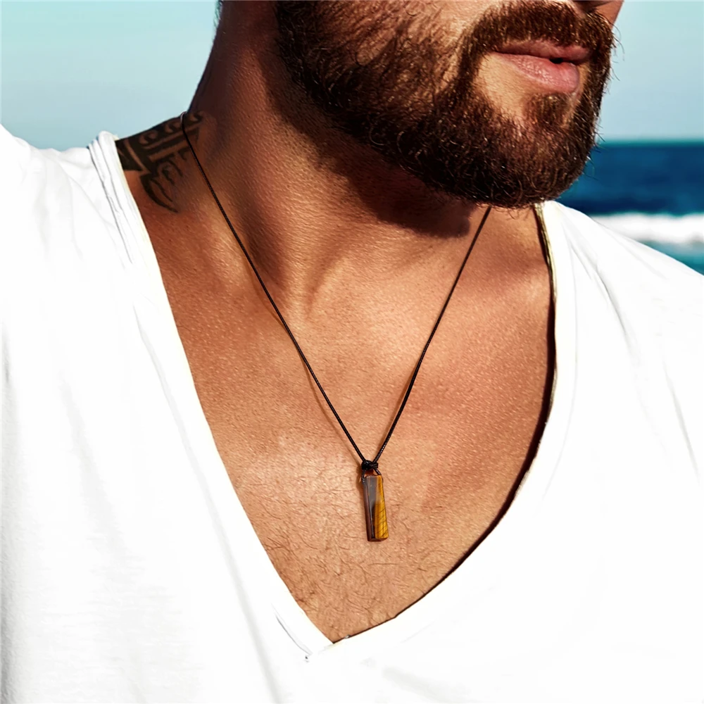 Men Vintage Rectangle Obsidian Pendent Necklace Natural Tiger Eye Labradorite Gem Leather Rope Braid Necklace Healing Jewelry