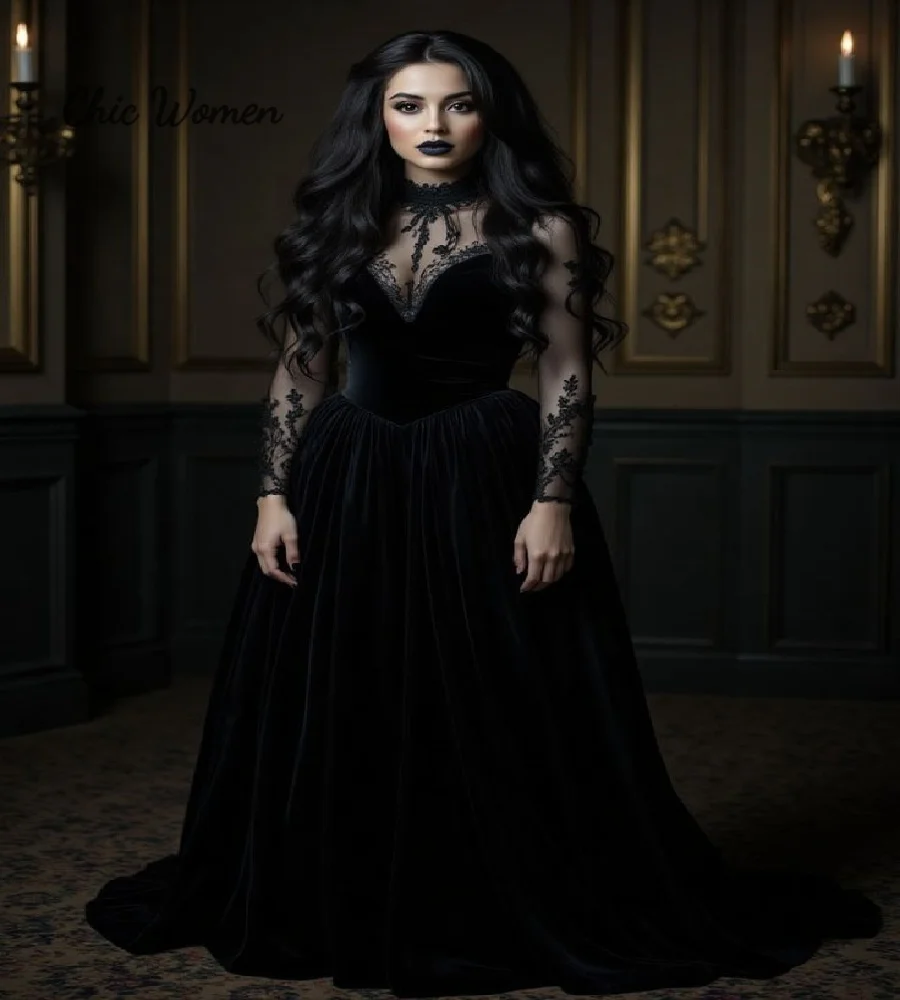 

Vampire Gothic Black Prom Dress 2025 Lace Long Sleeve Velvet Evening Dress Vintage Medieval Formal Occasion Party GownCustomized