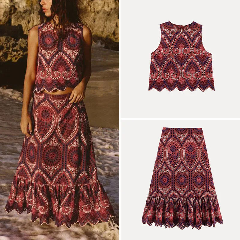 

Spring Women's Faion Svel Embroidered Midi Skirt Set Z Polyester Fiber Ensemble for Ladies
