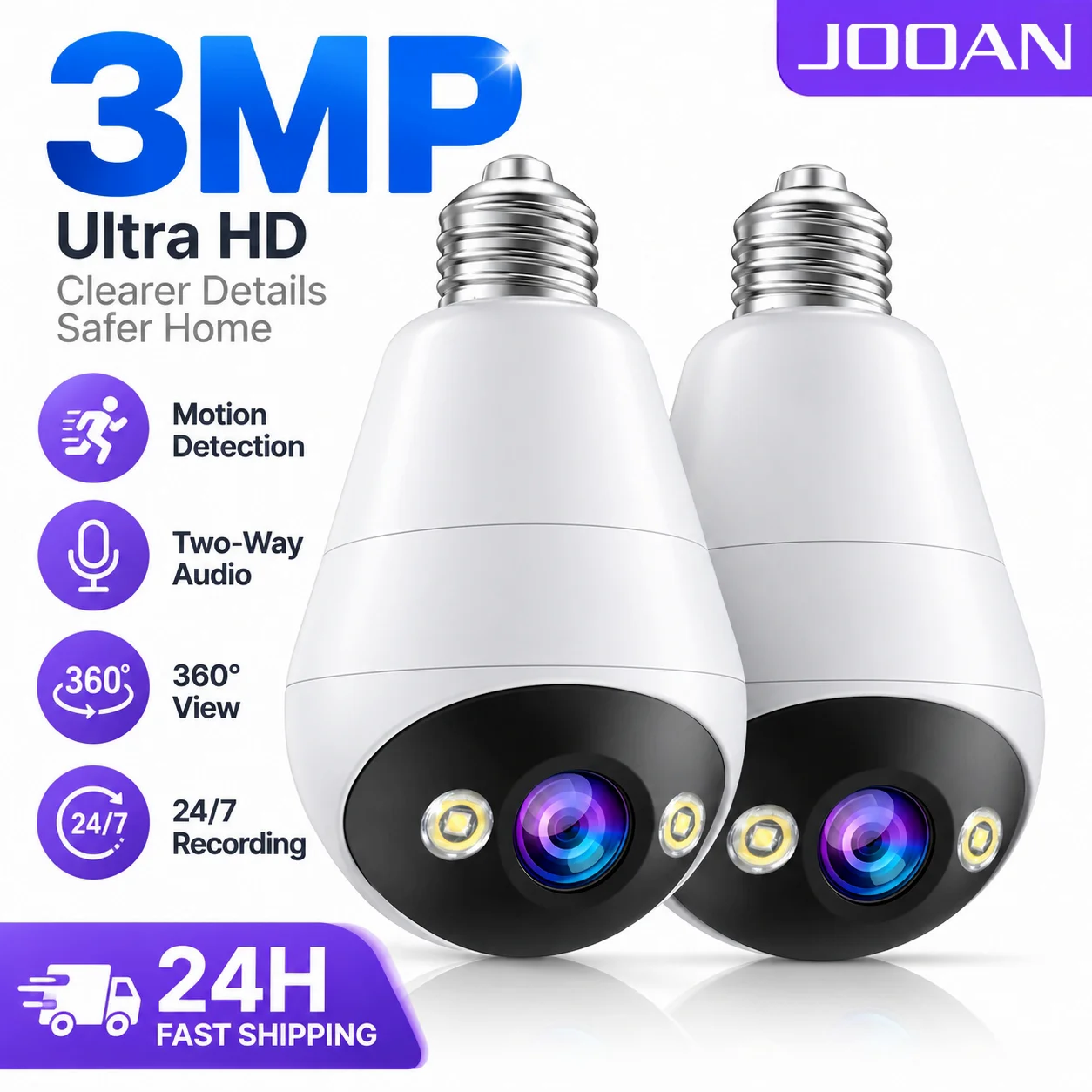 JOOAN 3MP Bulb E27 Surveillance Camera 360 Degree Motion Detection Night Vision Indoor WiFi Security Monitor